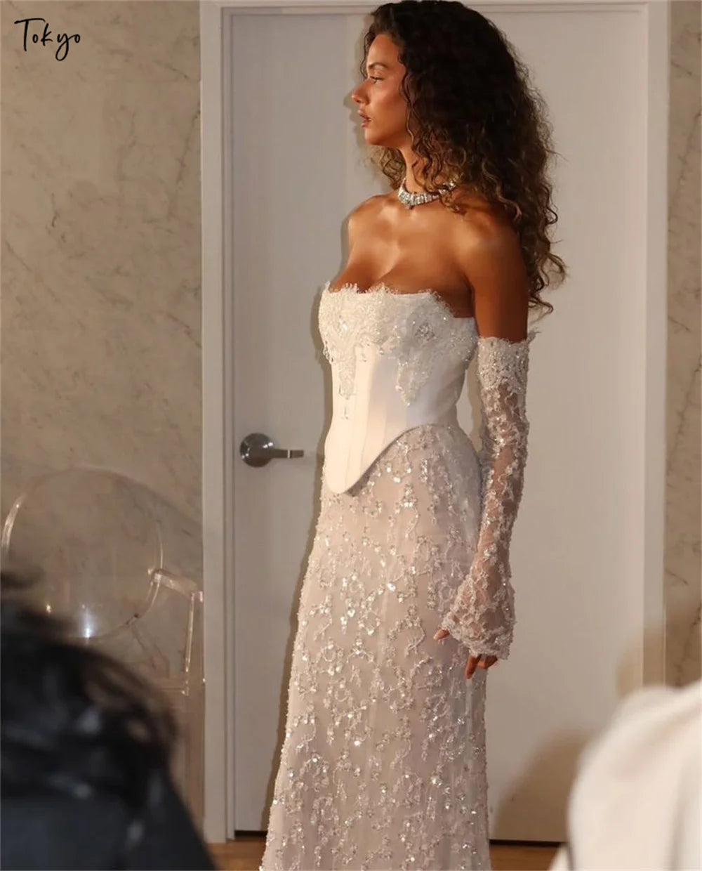 Tokyo White Strapless Wedding Dress Detachable Sleeves Back Zip Bridal Gown 2026 Mermaid Floor-Length Wedding Gown