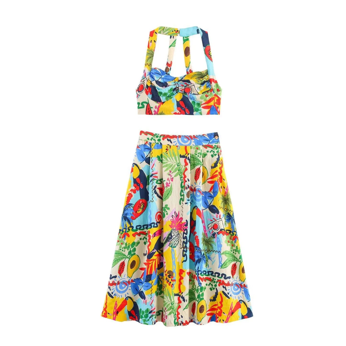 HH Women 2 Piece Set Sexy Sleeveless Backless Print Buttons Mini Sling Top+Elegant High Waist Buttons Beach Midi Skirt