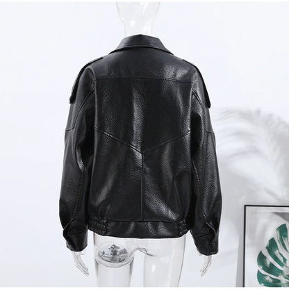 Street Stand Collar Women's Leather Jacket Loose Long Sleeve Zipper Pockets Chic Female Coats 2025 Autumn Winter Lady Outerwear