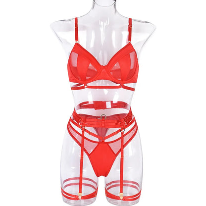 Yimunancy 3-Piece Black Bra Set Women Patchwork See Through Mesh Lingerie Set Ladies Sexy Panty Underwear Set