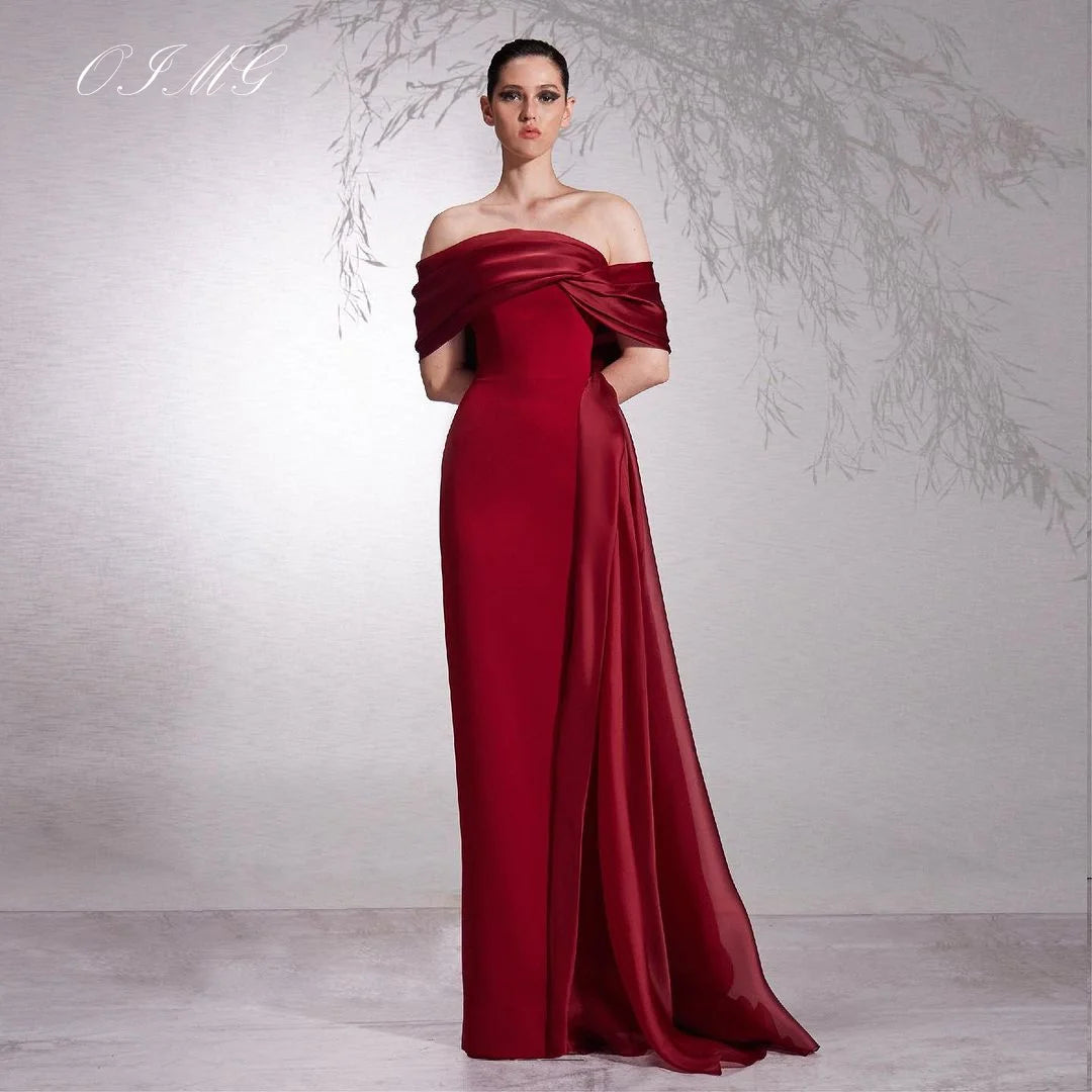 OIMG Exquisite Red Prom Dresses Saudi Arabic Women Off the Shoulder Customized Gowns with Cape Occasion Formal Party Dress