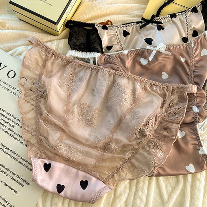 Sexy lingerie women Satin tangas lace ropa interior femenina sweet calzones para mujer plus size panties heart underwear women