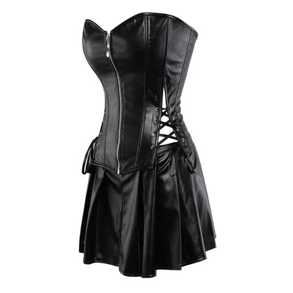 Faux Leather Corset Top Women Leather Corset Dresses Zipper Gothic PU Leather Corset Sexy Ladies Eyelet Up Pleated Dress Corsets