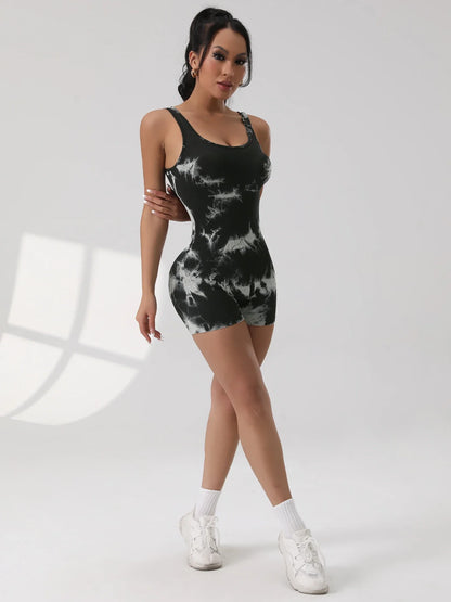 1PCS Backless Yoga Suit U Neck Sleeveless Sports Jumpsuit Solid Colour Threaded Stretch Women Bodysuit Without Bust Pads