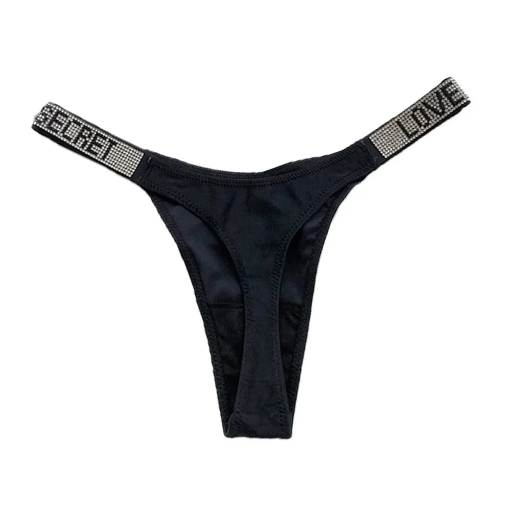 Sexy Triangle Fitness Sports With Letter Low Rise Briefs Sexy T-Back G-string Women Panties Rhinestone Thong