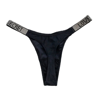 Sexy Triangle Fitness Sports With Letter Low Rise Briefs Sexy T-Back G-string Women Panties Rhinestone Thong