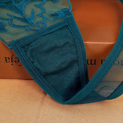 Sexy Embroidered and Hollowed-out Women's Thong, Party Vacation Jacquard Women's Panties - Purple and Green.