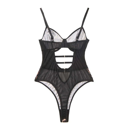 Leopard Sexy High Waist Women Bodysuit Mesh Transparent Hollow Out Erotic Lingerie Exotic Backless Skinny Teddy Porn Sex Costume