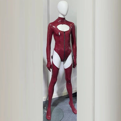 3PCS/SET Wet Look PVC Cosplay Outfit Catusit Shiny PU Leather Zipper Bust Open Crotch Bodysuit Tight Sexy Body Teddies Stockings