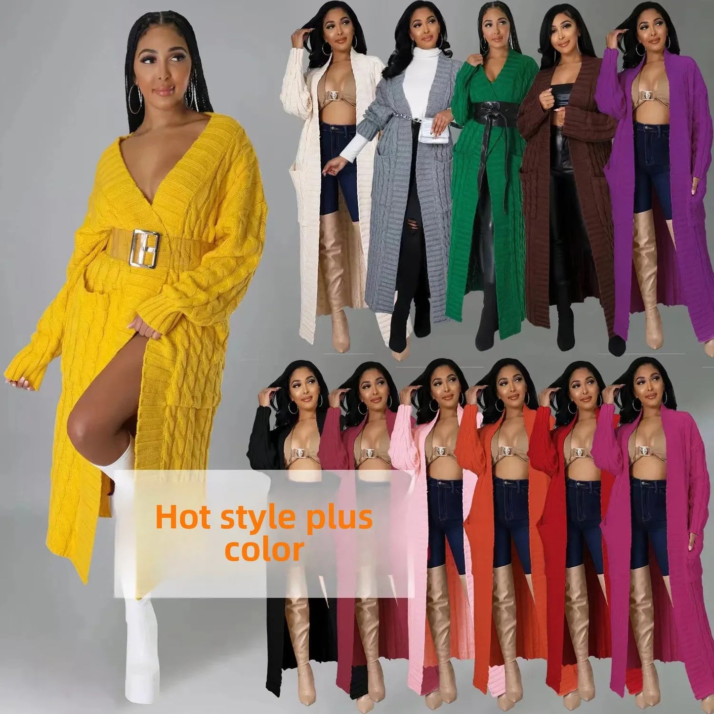 2024 New Women's Fashionable Cardigan Sweater Casual Long Sleeve Solid Color Jacket Autumn/Winter Amazon Europe Style