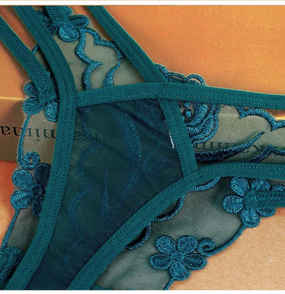 Sexy Embroidered and Hollowed-out Women's Thong, Party Vacation Jacquard Women's Panties - Purple and Green.