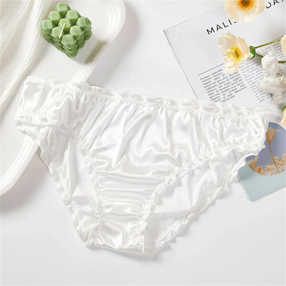 Ladies Frill Trim Satin Ice Silk Seamless No Show Underwear Invisible Briefs Plus Size Women's Panties S/M/L/XL