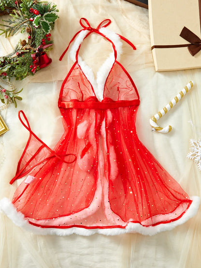 New Sexy Lingerie Christmas Exclusive Pajamas Seductive Expose The Body Exotic Red Lace Up Plush Skirt Babydolls Women Two-piece