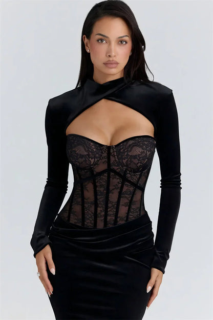 Mozision Long Sleeve Backless Sexy Maxi Dress Women Gown Elegant Lace Print Off-shoulder High Waist Ruched Bodycon Club Dresses