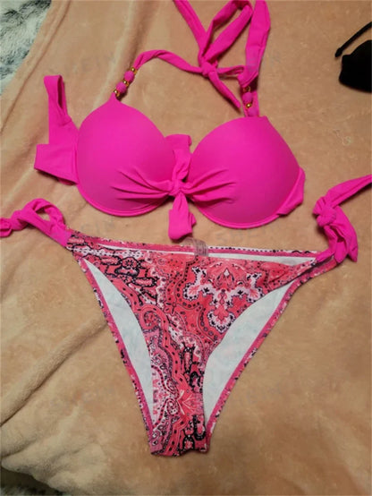 Summer Bikini New Underwired Bra Push Up Swimsuit Women Chest Knot Bow Bathing Suit Outfits Ties Swimwear Women Swimming Suit XL