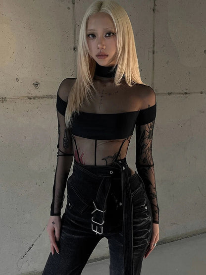 Sisterlinda See Through Sexy Bodysuit Women Coquette Wild Mesh Hipster Patchwork Full Sleeve Midnight Stretch Street Clubwear