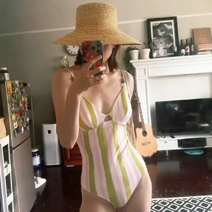 OIINAA Swimming Suit for Women Striped Contrast Color Bodysuit Halter Beading Sexy Bathing Suit Summer 2025 New Korean Beachwear