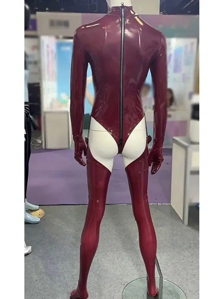 3PCS/SET Wet Look PVC Cosplay Outfit Catusit Shiny PU Leather Zipper Bust Open Crotch Bodysuit Tight Sexy Body Teddies Stockings