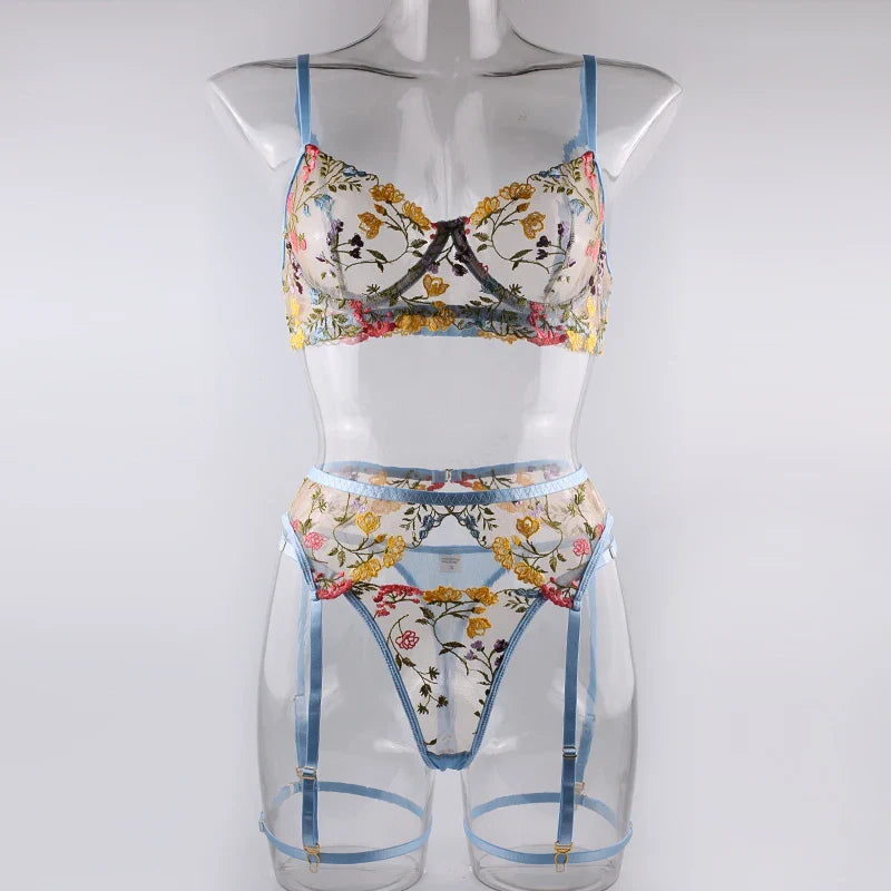 Sexy Women's Lace Lingerie 3Pcs Sets Fancy Flowers Embroidery Transparent Bras And Thongs Underwear Set Erotic Intimate Suits ﻿
