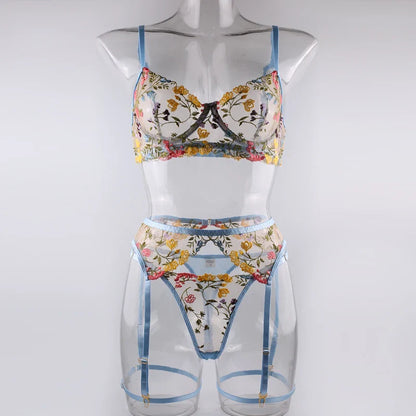 Sexy Women's Lace Lingerie 3Pcs Sets Fancy Flowers Embroidery Transparent Bras And Thongs Underwear Set Erotic Intimate Suits ﻿