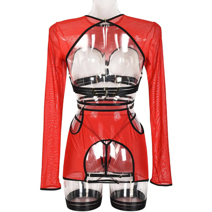 Diccvicc Long Sleeve Lingerie Sexy Sheer Mesh Porn Top Crotchless Skirt Naked Bandage Women Underwear Uncensored Erotic Costume