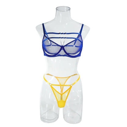 Yimunancy 2-Piece Contrast Color Mesh Cut Out Transparent Lingerie Set Women Sexy Exotic Sets Brief Kit