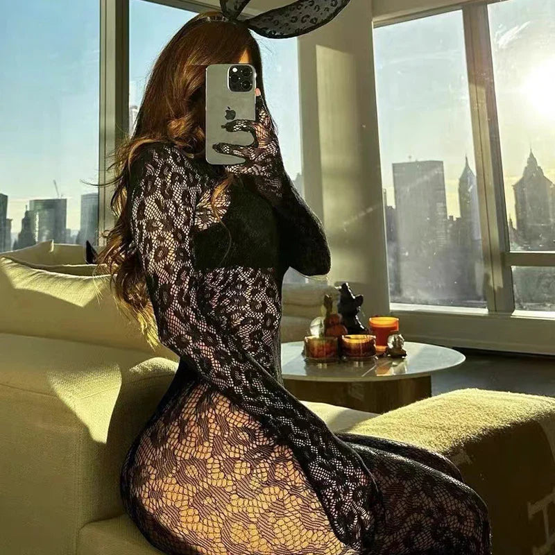 Sexual Lingerie Transparent Leopard Pattern Mesh Bodysuit Socks Long Sleeves Sex Pajamas Sexy Women Underwear Erotic Costumes