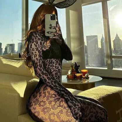 Sexual Lingerie Transparent Leopard Pattern Mesh Bodysuit Socks Long Sleeves Sex Pajamas Sexy Women Underwear Erotic Costumes