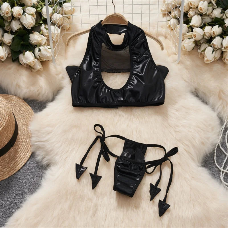 Sexy Lace Gauze Patchwork Strap Bodysuit Hollow Sleeveless Slim backless Women Erotic Lingerie Hotsweet Bow Night Maid Cosplay