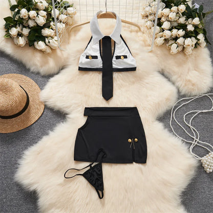 Sexy Lace Gauze Patchwork Strap Bodysuit Hollow Sleeveless Slim backless Women Erotic Lingerie Hotsweet Bow Night Maid Cosplay