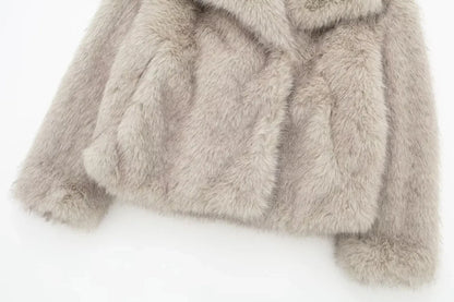 HH Women Fashion Cropped Faux Fur Jacket Coat Long Sleeve Front Snap-button Female Outerwear Chic Lapel Collar Thick Coat