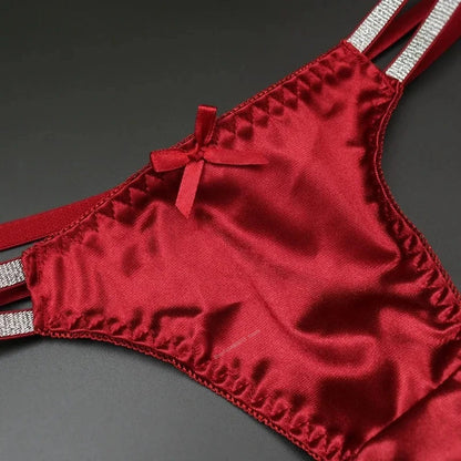 Sexy Silk Satin Thongs Hollow Out Fashion Solid Color Panties Cotton Crotch Low Waist Breathable Pure Color Women's Underwear
