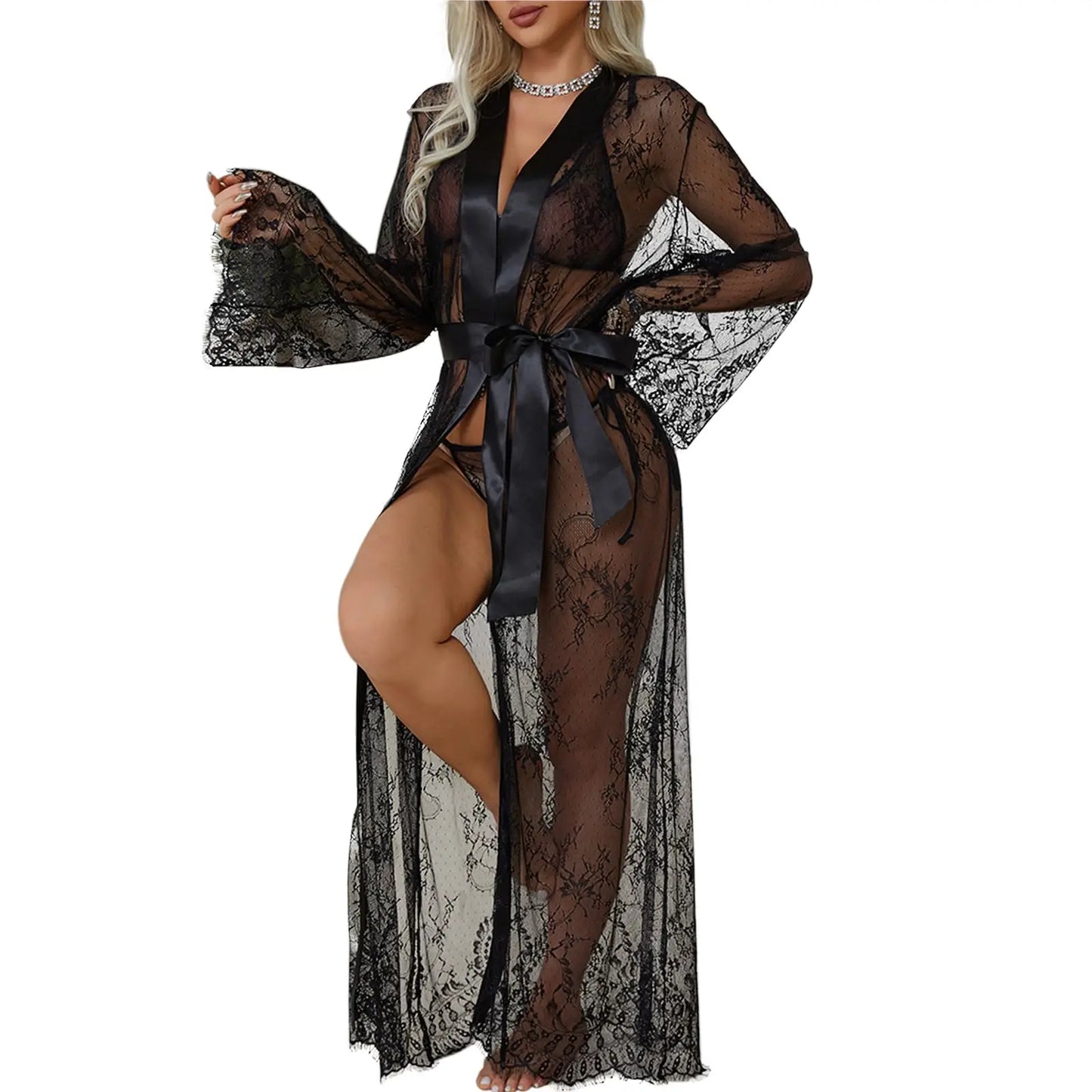Women's Sexy Sheer Lace Robe Lingerie Long See Through Kimono Lingerie Dress Lace Gown Sleepwear