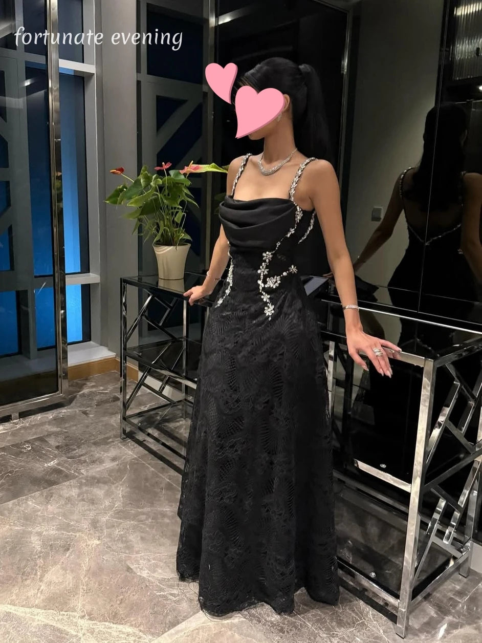Fortunate Evening Elegant Vintage Sexy Black Lace Crystal Backless Customized Formal Occasion Prom Dress Evening Party Gowns