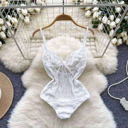 Sexy Lace Gauze Patchwork Strap Bodysuit Hollow Sleeveless Slim backless Women Erotic Lingerie Hotsweet Bow Night Maid Cosplay