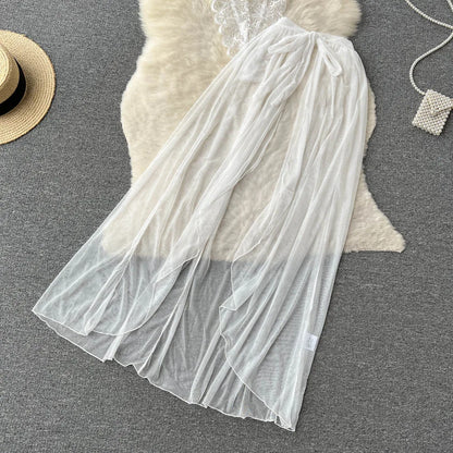 SINGREINY Lace Sensual Erotic Two Pieces Suits Camis Short Bodysuits Tops+Midi Long Mesh Chiffon Skirts Women Underwear Sets