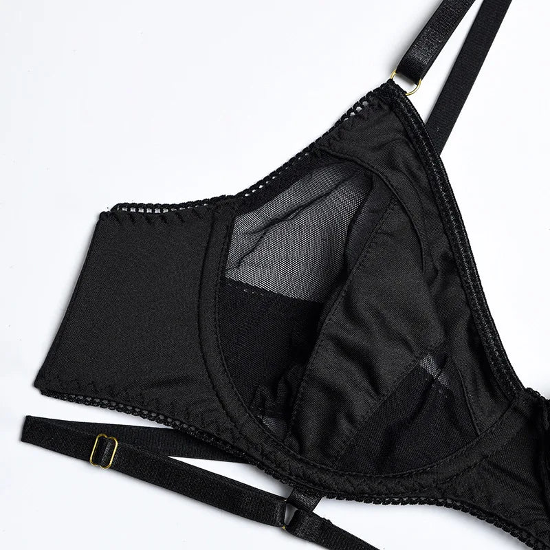 Yimunancy 3-Piece Black Bra Set Women Patchwork See Through Mesh Lingerie Set Ladies Sexy Panty Underwear Set