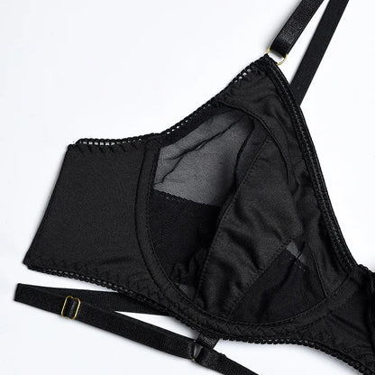 Yimunancy 3-Piece Black Bra Set Women Patchwork See Through Mesh Lingerie Set Ladies Sexy Panty Underwear Set