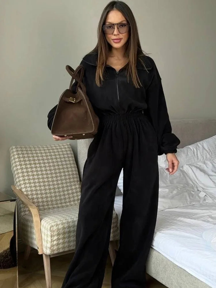Zekye Woman Clothing New Fashion Long-sleeved Jumpsuit Women's Casual Semi-open Elastic Waist Jumpsuit Elegant Woman Jumpsuit