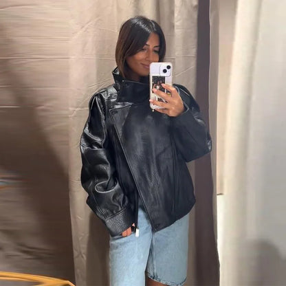Stand Collar Women's Jacket Full Sleeve Double Button Solid Female Leather Jackets 2025 Autumn Fashion High Street Lady Outwears