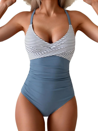 B2prity Women's One Piece Swimsuits Tummy Control Front Cross Bathing Suits Tie Back Slimming V Neck Swimwear