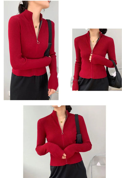 Spring Autumn Zipper Cardigan Women Sweaters Knitted Long Sleeve Stand-up Collar Tops Korean Fashion Short Sweater for Female
