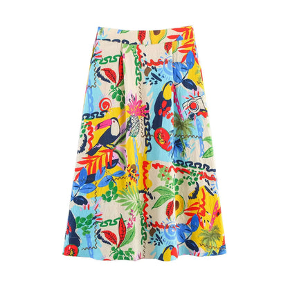 HH Women 2 Piece Set Sexy Sleeveless Backless Print Buttons Mini Sling Top+Elegant High Waist Buttons Beach Midi Skirt