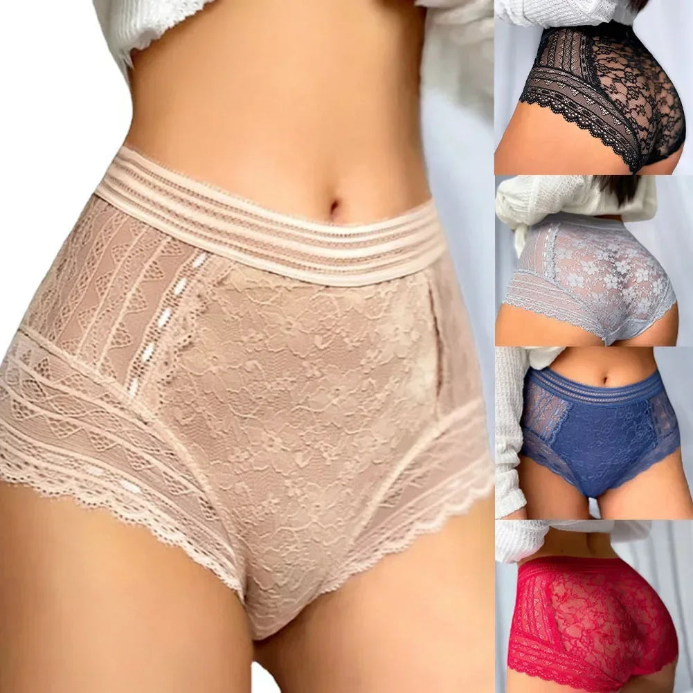 Plus Size See-through Lace Panty High Waist French Style Tummy Control Breathable Comfort Underwear Knicker Briefs for Women