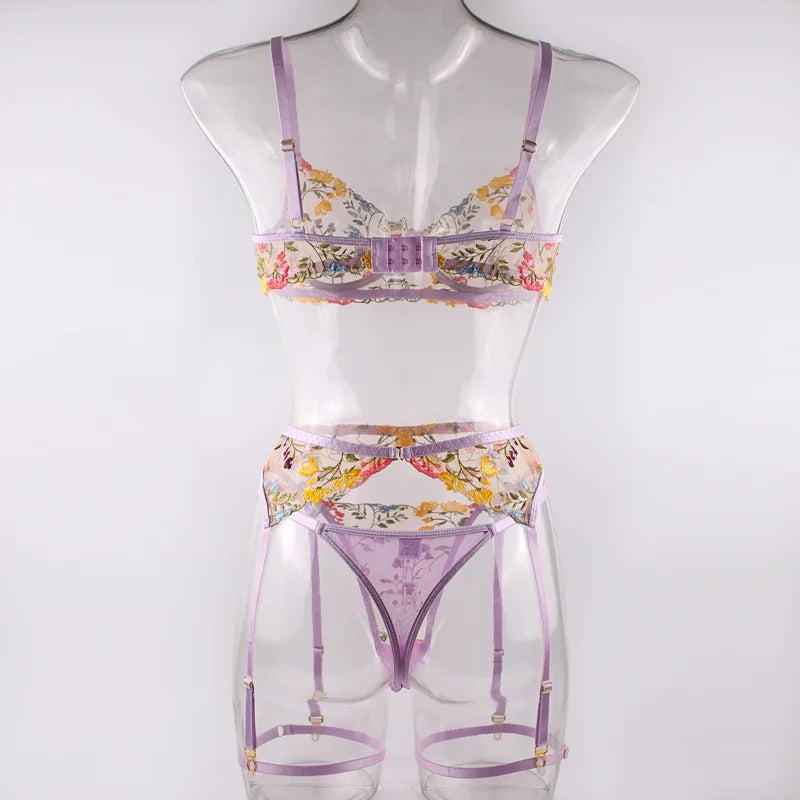 Sexy Women's Lace Lingerie 3Pcs Sets Fancy Flowers Embroidery Transparent Bras And Thongs Underwear Set Erotic Intimate Suits ﻿