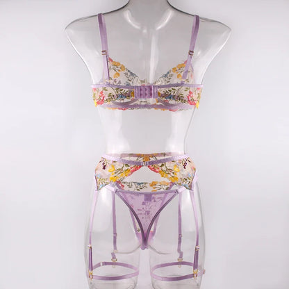 Sexy Women's Lace Lingerie 3Pcs Sets Fancy Flowers Embroidery Transparent Bras And Thongs Underwear Set Erotic Intimate Suits ﻿