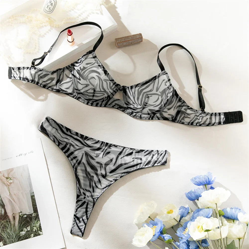 Krasapt Sexy Leopard Printing Lingerie 2Pcs Sets Ultrathin Mesh Transparent Bras And Panties Comfortable Intimate Undwear Set