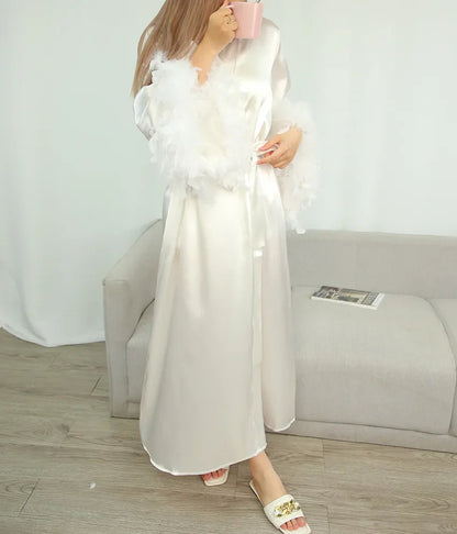 Feather Blush Kimono Robe Boudoir Wedding Floor Length Maxi Dressing Gown Robes Bride to Be Hen Party Stain Silk Lingerie