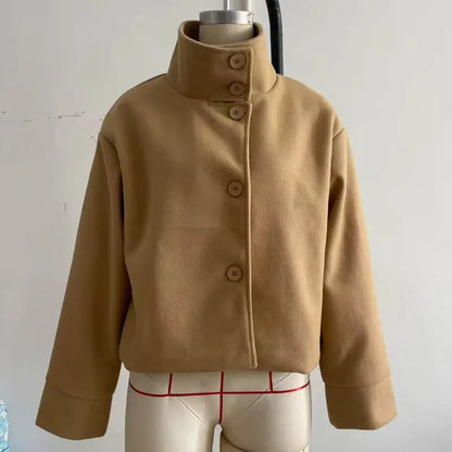Urban Black Woolen Blend Coats Women Stand Collar Single-breasted Long Sleeve Thick Warm Jacket 2025 Autumn Winter Lady Outwear
