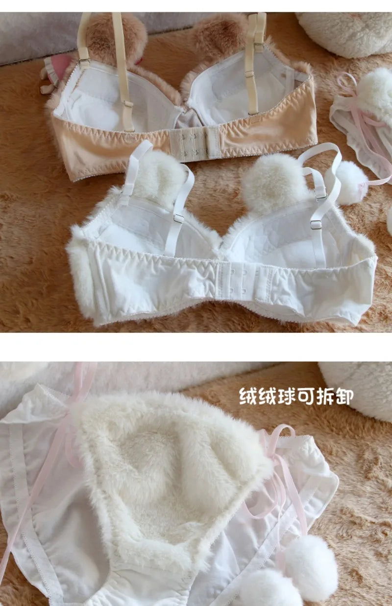 Cute Bear Underwear Winter Plush Cartoon Comfortable Bra & Brief Sets Women's Intimates Thermal Bra Gathers Sleepwear Lingerie